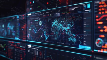 Obraz premium AI-driven machine learning application running on multiple screens, with data processing visuals.