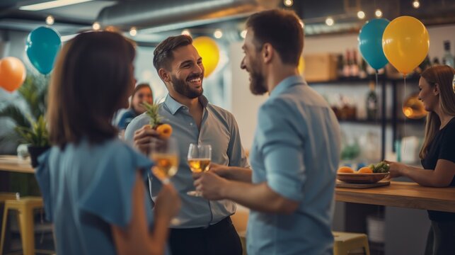 Vibrant office party with diverse employees celebrating together.