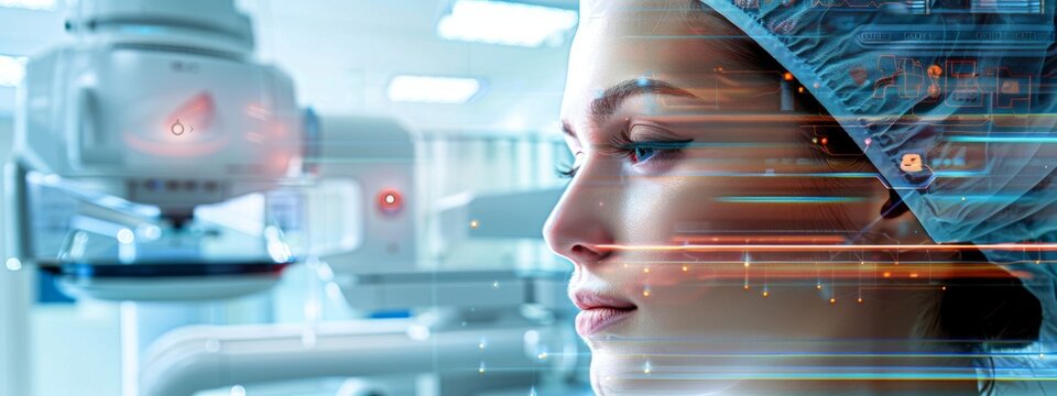 A woman in a hospital setting with a computer screen behind her. The computer screen is displaying a woman's face with a blue light on her forehead. The woman is wearing a surgical mask