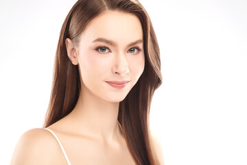 Fototapeta premium Beautiful young woman with clean fresh skin on white background, Face care, Facial treatment, Cosmetology, beauty and spa, women portrait.