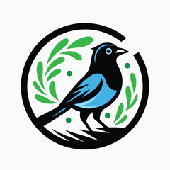 Blue bird on a branch, Magpie bird logo vector icon illustration