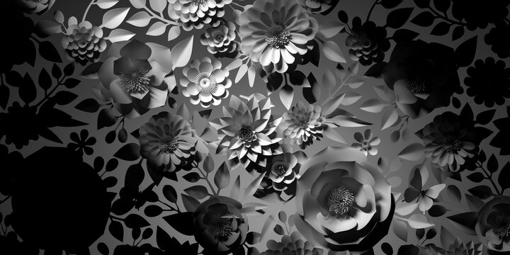 3d render, abstract background of white paper flowers and leaves in contrast light. Floral wall, botanical wallpaper
