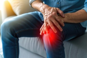 Knee Misery: Man Wincing on Couch, Holding Joint