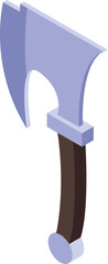 Large sharp viking battle axe with a wooden handle pointing down in isometric view