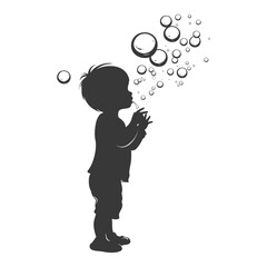 silhouette little boy blow soap bubbles full body black color only
