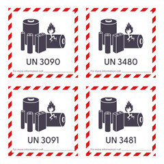 UN3090, UN3091, UN3480, UN3481 lithium ion battery shipping labels vector set