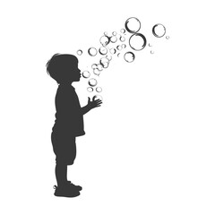silhouette little boy blow soap bubbles full body black color only