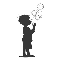 silhouette little boy blow soap bubbles full body black color only