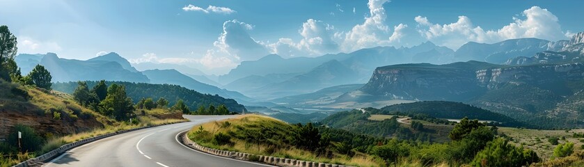 Fototapeta premium Majestic Mountain Road Trip Scenic Winding Curves Offering Breathtaking Views Tranquil Natural Landscapes