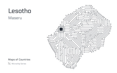 Lesotho Map with a capital of Maseru Shown in a Microchip Pattern with processor. E-government. World Countries vector maps. Microchip Series	