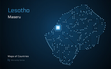 Lesotho Map with a capital of Maseru Shown in a Microchip Pattern with processor. E-government. World Countries vector maps. Microchip Series	