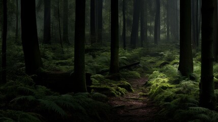 Obraz premium Enigmatic forest enveloped in mystical fog and mist, creating an atmospheric landscape