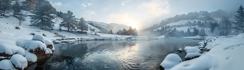 Fototapeta premium Serene Snowy Mountain Lake Landscape at Sunset with Warm Springs Reflections