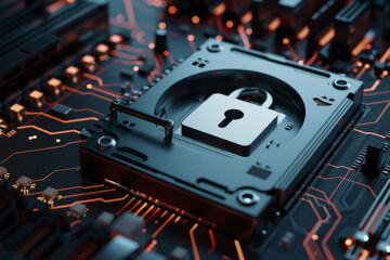 A hard drive with a padlock icon or digital encryption symbol, representing data security and encryption