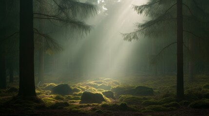 Enigmatic forest shrouded in mist, creating a captivating and moody natural ambiance - Powered by Adobe