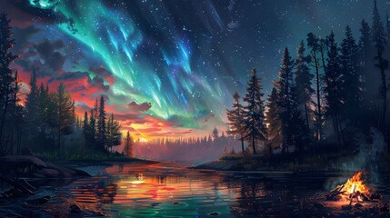 Beautiful night sky with colorful northern lights and campfire in the forest
