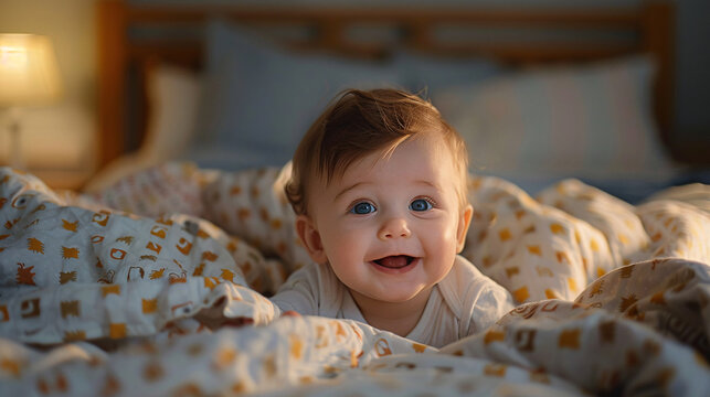 Adorable Baby Waking Up In A Cozy Bedroom, Looking At The Camera With A Happy Smile