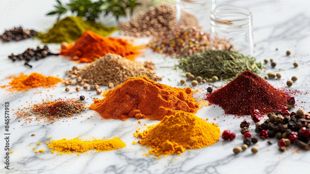 Poster A close-up view of various colorful spices scattered on a white surface. The spices include turmeric, coriander, paprika, and more. Generative AI