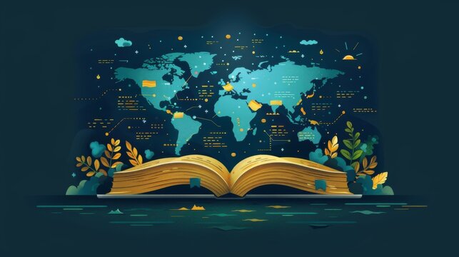 open book with multiple languages flowing from its pages, a sleek laptop displaying a translation software interface, and a background of the world map subtly indicating global reach