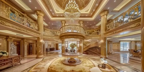 Obraz premium Exquisitely appointed ultra-luxury estate boasting lavish interior finishes, opulent outdoor gardens, private cinema, and an expansive subterranean garage. Showcase of unparalleled wealth and affluenc