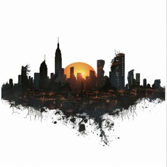 ast Post-Apocalyptic City Skyline at Sunset - Premium Pen Tool Cutout isolated on white background 