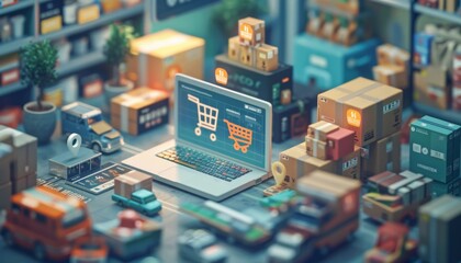 An online transaction scene showing a customer from one country purchasing goods from a business in another country, with icons representing various currencies and shipping options