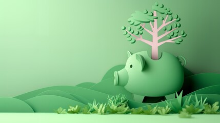 Obraz premium Paper cut Piggy Bank with Tree in Green Landscape