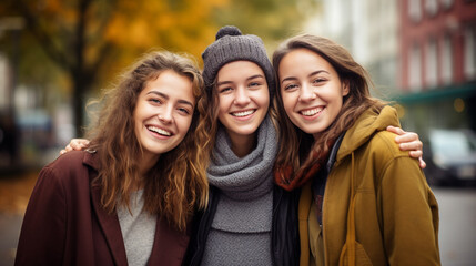 Fototapeta premium Portrait of three girl friends smiling in the autumn winter background small city