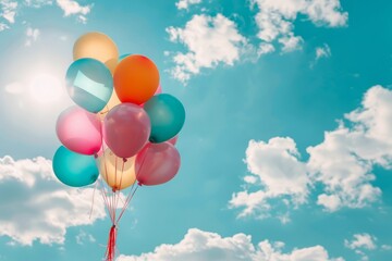 Colorful balloons floating against blue sky with clouds