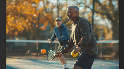 Senior Friends Enjoying a Game of Pickleball Outdoors in Summer