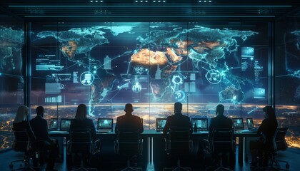 A professional business meeting featuring a diverse team of international colleagues discussing strategies in a modern office setting, with a world map or global digital interface in the background
