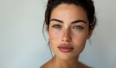 Beautiful woman fair tan skin tone model zoom in eye skin with freckles