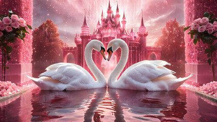 Swans lover on romantic valentine background. Fantastic castle and rose. Wedding, celebration, bouquet card. Dreamy scenery.