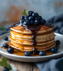 Delicious Blueberry Pancakes with Syrup and Fresh Berries