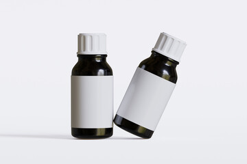 Packaging bottle black color and white blank label for medicine, pill or supplement, cosmetic, chemical and etc on white background