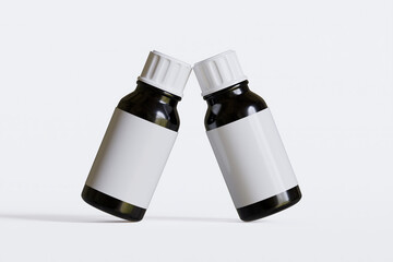 Packaging bottle black color and white blank label for medicine, pill or supplement, cosmetic, chemical and etc on white background