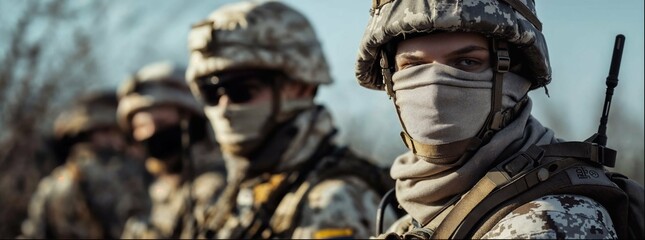 Country protection, close up military portraits, soldier uniform. Bravery of the armed forces and the nation's unity.