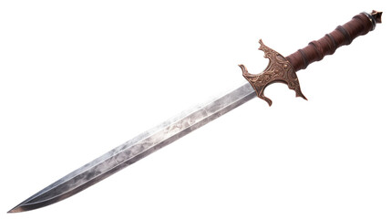 photograph of a rusty medieval sword isolated on a pure white background