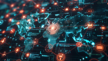 Fototapeta premium map of the world overlaid with a network of glowing lines and nodes representing digital connections. In the background, there are elements like cloud computing icons, data centers