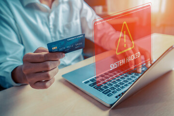 Customer watching hologram interface warn danger of credit card hacked while using cashless technology for online transaction. Smart consumer controlling device try fixing security problem. Cybercash. © InfiniteFlow