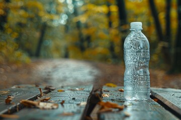 Plastic water bottle on a wooden bench in a forest