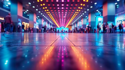 a captivating photograph, a horizontal tablet with a touchscreen display rests against the backdrop of a bright and well-attended exhibition hall.