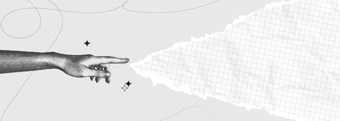 Trendy Halftone Collage Female Hand points to torn paper. Social media announcing promotion and marketing. Empty space for your design. Сontemporary vector illustration art