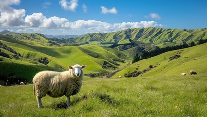 Fototapeta premium Sheep Grazing in Rolling Green Hills