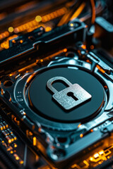 Fototapeta premium A hard drive with a padlock icon or digital encryption symbol, representing data security and encryption