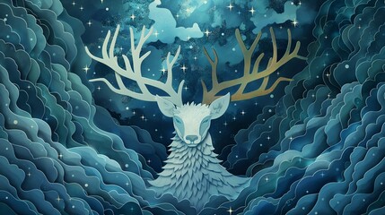 Paper Cut Mystical Deer in Clouds