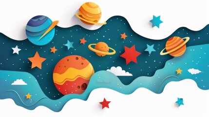 Stars in the solar system, cartoon image, white background, paper cut