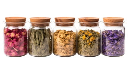 Photograph of a selection of dried herbs, such as chamomile, lavender, peppermint, and rose, arranged in a wooden apothecary jar