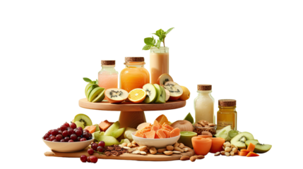 Photograph of a selection of healthy snacks and beverages suitable for seniors, displayed on a tiered stand against a soft pastel-colored background