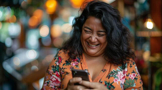 Candid shot of a chubby Hispanic woman laughing while using her mobile phone